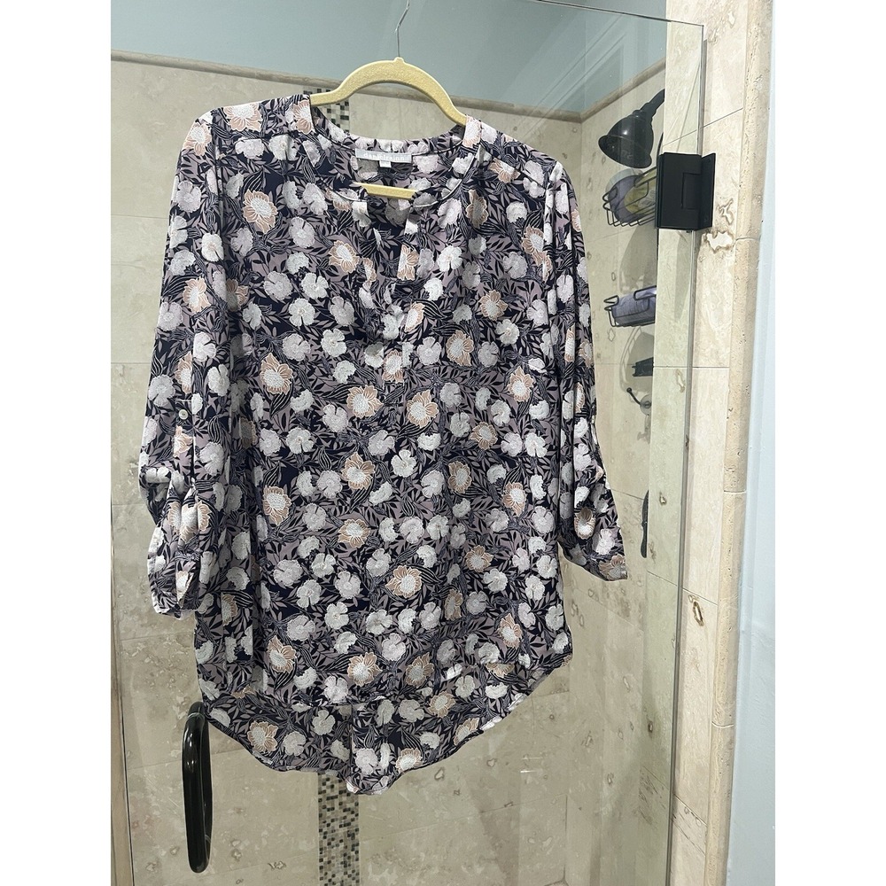 Daniel Rainn Womens  Floral Roll Tab Blouse Purple Gray Anthropologie Pullover L